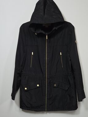 Michael Kors Black Lightweight Hooded Utility Jacket with Gold Hardware Large